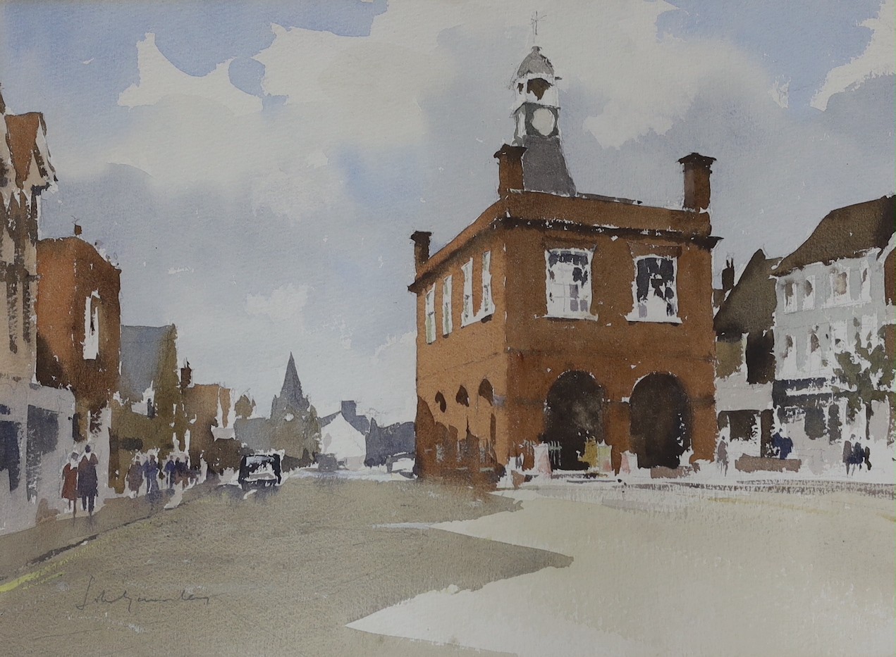 John Yardley (1933-), watercolour, Reigate Town Hall, signed in pencil, 34 x 7cm